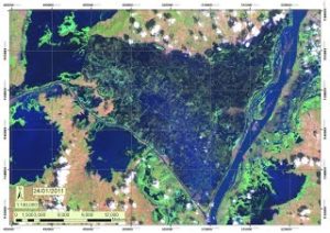 LANDSAT 7 ETM+ image, (SLC-OFF corrected) of the flooded area about two months after the beginning of the flooding.